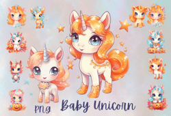 12 Baby Orange Unicorns PNG Clipart Sublimation,cute unicorns, baby animals, cute unicorn Clipart Png