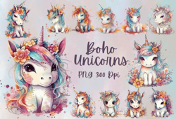Boho unicorn clipart, cute unicorn clipart, unicorn png ,boho clipart, fantasy unicorn, unicorn illustration