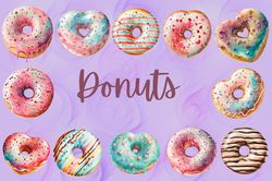 Donuts Clipart Set, Donuts Png Bundle,food, donuts clipart art, dessert, sweets, digital planner stickers, illustration