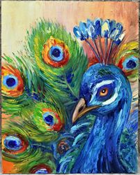 Bright bird peacock, oil painting