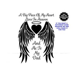 a big piece of my heart lives in heaven, and he is my dad, angel wings svg, heart halo, memorial decal, memorial t-shirt