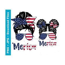 Merica, Messy Bun Mom, Messy Bun Girl Kid Png, American Flag Pattern Png, Sunglasses, Head Band, Sublimation, TShirt Tra