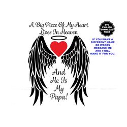 papa in loving memory angel wings svg, a piece of my heart in heaven, and he is my papa, add name, memorial decal, memor