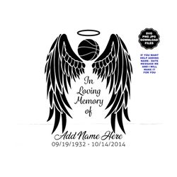 in loving memory angel wings svg, add name w wings, angel wings with basketball, name with wings png, memorial decal mem