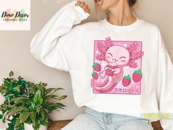 Kawaii Axolotl Strawberry Milk Shake Carton Japanese Anime T-Shirt, Cute Axolotl Shirt, Axolotl Lover Gift TShirt, Sweat