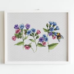 bumble bee cross stitch pattern pdf, wild flowers lungwort counted cross stitch, bee hand embroidery instant download