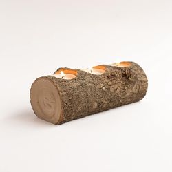 Yule Decorations Log Candle Holder Natural Wood