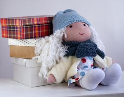 Handmade organic textile cotton Waldorf doll ready to ship, Authors stuffed soft doll with clothes set, Christmas baby