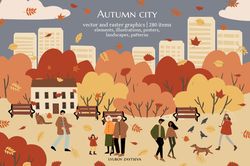 fall scene clipart, autumn poster with people at city park, fall season printable card, autumn vibes wall art print