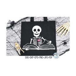 Skeleton Reading Book SVG, Halloween Skeleton with Heart, Reading Lover, Book Reader, Halloween Book Design PNG, Vinyl D