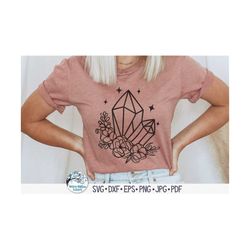 Floral Crystals SVG, Healing Crystals with Intricate Flowers, Mystical Boho Tshirt PNG, Gemstones, Witchy Magical Cut Fi