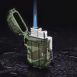 Outdoor Waterproof Inflatable Windproof Lighter Blue Flame Straight Camo Lanyard Portable