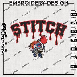 Drop Name Stitch Pennywise Embroidery Designs, Horror Characters, Halloween Embroidery Files, Machine Embroidery Designs
