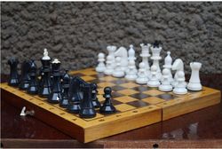 Chess. Vintage, tournament, heavy, Soviet chess pieces, wooden board, ancient chess of the USSR. Large, Soviet, vintage