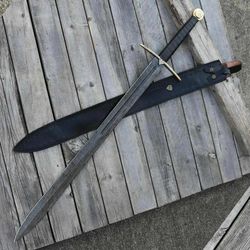 new custom handmade damascus steel 36" viking hunting sword with leather sheath