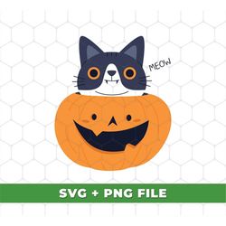Cute Meow Svg, Funny Cat Svg, Halloween Pumpkin Svg, Cat In Pumpkin Svg, Love Halloween Svg, Cat Halloween, SVG For Shir