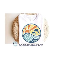 Dolphin Sunrise Over Ocean SVG, Round Summer Beach Sublimation PNG, Sea Animals, Dolphins Swimming in Ocean Jpg, Vinyl D