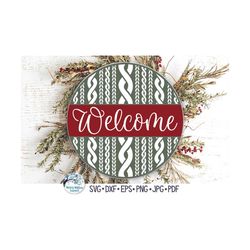 round welcome sign for cricut, christmas cable knit sweater print sign, winter front door sign, vinyl decal file for sil