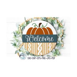 Round Welcome Sign for Cricut, Pumpkin with Cable Knit Sweater Print Fall Sign, Halloween and Thanksgiving Vinyl Decal F