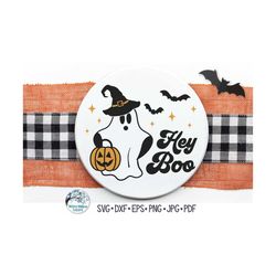 Hey Boo SVG for Cricut, Funny Round Halloween Sign with Cute Ghost, Trick Or Treating PNG Shirt Design, Vinyl Decal File