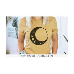 Crescent Moon with Moon Phases and Stars SVG, Celestial Witch, Mystical Boho Shirt Png, Magical Moon Phase Dxf, Cricut V