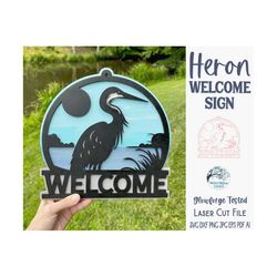 Heron Welcome Sign SVG File for Glowforge or Laser Cutter, Lake Home Decor Sign, Beach Sign, Crane Welcome Sign for Hous