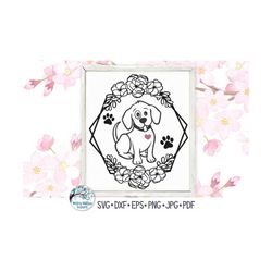 Dog with Flowers SVG, Floral Dog Svg, Cute Puppy Dog with Flowers, Dog Svg, Pet Svg, Hexagon Floral Frame Svg, Vinyl Dec