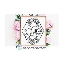 Koala SVG, Koala in Hexagon Flower Frame SVG, Floral Koala Svg, Cute Sleeping Koala Svg, Floral Animal Svg, Vinyl Decal