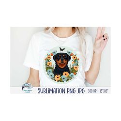 Rottweiler Dog Sublimation Png, Floral Rottie JPG, Dog Face with Spring Flowers and Butterfly, Cute Happy Puppy Clip Art