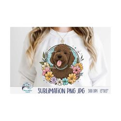 Golden Doodle Dog Sublimation Png, Brown Labradoodle Dog with Flowers, Floral Dog Cartoon Drawing JPG, Cute Poodle Puppy