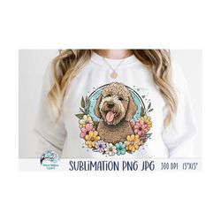 Goldendoodle Dog Sublimation Png, Labradoodle Cartoon Dog with Flowers, Floral Dog Drawing JPG, Blond Poodle Puppy