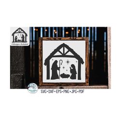 christmas nativity scene svg for cricut, baby jesus in manger with mary and joseph, religious holiday sign, vinyl decal