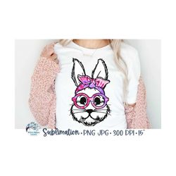 Easter Bunny with Glasses and Bandana PNG for Sublimation Printing, Tie Dye Rabbit with Pink Glasses Headband Scarf, Bun