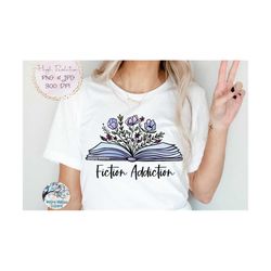 Fiction Addiction Png, Book with Flowers Sublimation PNG, Floral Book PNG, Blue Watercolor Book with Flowers Growing, Re