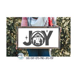 joy nativity svg for cricut, christmas religious holiday sign with baby jesus in manger, nativity design, vinyl decal cu