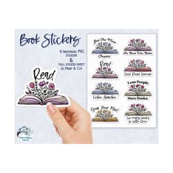 floral book stickers png, printable reading stickers, book with flowers printable stickers, read png, cricut print and c