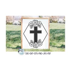 Cross with Flowers SVG Cut File, Christian Cross with Hexagon Frame Flowers SVG, Religious SVG, Cross with Flowers, Jesu