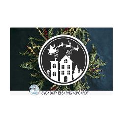Santa Claus Sleigh with Reindeer Flying Over Winter Village Town for Cricut, Round Christmas Sign, Holiday Vinyl Decal F