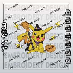 Pokemon Machine Embroidery Files, Digital Download, Cute Witch Pikachu Halloween Embroidery files, Halloween Embroidery
