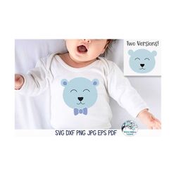 Cute Bear Face SVG for Cricut, Baby Boy Shirt PNG, New Baby Gift, Baby Shower, Polar Bear with Bow Tie, Vinyl Decal File