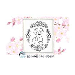 Fox with Flowers SVG, Floral Fox Svg for Cricut, Girl Fox in Oval Frame, Cute Fox Outline Drawing for Nursery Png, Vinyl