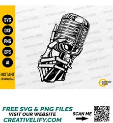 Skeleton Hand With Vintage Microphone SVG | Retro T-Shirt Decal Vinyl | Cricut Cutting File Printable Clipart Vector Dig