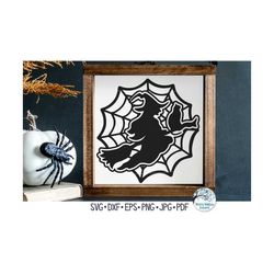 Halloween Witch SVG File for Cricut, Flying Witch on Spider Web Sign, Spooky Fall Tshirt Design PNG, Vinyl Decal File fo