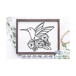 Hummingbird with Flowers SVG, Floral Hummingbird for Cricut, Pretty Bird Printable PNG, Spring Hummingbird Coloring Page