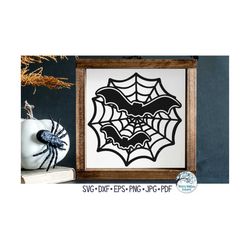 Halloween Bats SVG for Cricut, Spooky Bats on Spider Web Sign, Fall Tshirt Design PNG,  Vinyl Decal File for Silhouette