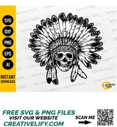 Native American Skull SVG | Warrior Headdress Tribal Aztec Tattoo Shirt | Cricut Silhouette Cut Files Clipart Vector Dig