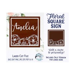 Floral Square Sign for Glowforge or Laser Cutter, Floral Sign SVG, Flowers, Nursery Sign, Square Frame with Flowers, Sig