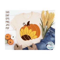 Pumpkin with Sunflower SVG, Fall Pumpkin Shirt Design PNG, Thanksgiving Svg, Floral Pumpkin Sublimation, Vinyl Decal Cut