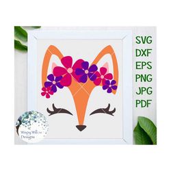 fox floral headband svg, dxf, png, eps, jpeg, pdf, cute fox face, girly fox, girl fox, fox with flowers, fox cut file, d