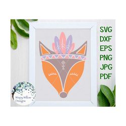 Boho Fox with Feathers SVG, DXF, png, eps, jpg, pdf, Feathers, Headband, Foxes, Woodland, Forest, Cricut, Girly, Cut Fil